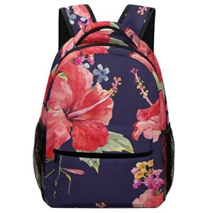 Watecolor Red Hibiscus Flower Backpack for Women Men, Fashion Work Bag Cool Travel Daypack Camping Shopping Backpack