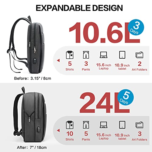 OIWAS Travel Laptop Backpack for Men, 24L Expandable Business Backpack with USB Charging Por, Water Resistant Backpacks College School Computer Bag Fit 15.6 Inch Laptop Notebook