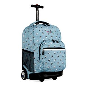 j world new york sunrise rolling backpack. roller bag with wheels, panda, 18″
