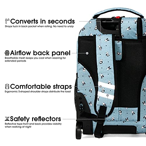 J World New York Sunrise Rolling Backpack. Roller Bag with Wheels, Panda, 18"