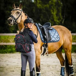 WOLT Professional Equestrian Backpack with Helmet Holder for Horse Riding, One Bag wih Multiple Compartments Carry All Accessories (NOT included), One Size Black+Red
