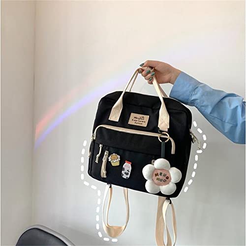 JELLYEA Kawaii Backpack Cute Tote Bag with Flower Accessories Kawaii Pins for Girls School Rucksack (Black)