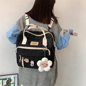 JELLYEA Kawaii Backpack Cute Tote Bag with Flower Accessories Kawaii Pins for Girls School Rucksack (Black)