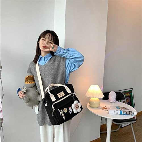 JELLYEA Kawaii Backpack Cute Tote Bag with Flower Accessories Kawaii Pins for Girls School Rucksack (Black)