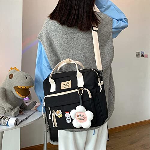 JELLYEA Kawaii Backpack Cute Tote Bag with Flower Accessories Kawaii Pins for Girls School Rucksack (Black)