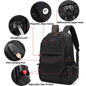 Sport Backpack College School Bookbag 15.6 Inch Laptop Backpacks Casual Daypack with USB Charging Port Headset Port for Men Women (Black)