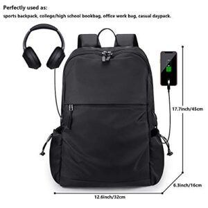 Sport Backpack College School Bookbag 15.6 Inch Laptop Backpacks Casual Daypack with USB Charging Port Headset Port for Men Women (Black)