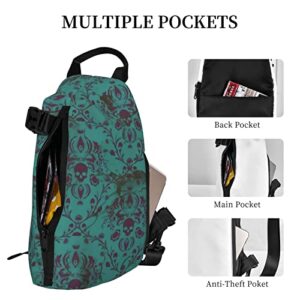 Ykklima Damask Skull Distressed Sling Backpack Rope Crossbody Shoulder Bag for Men Women Travel Hiking Outdoor Daypack