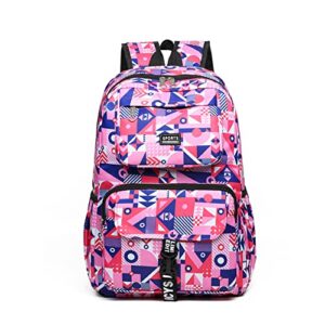 Geometric Prints Primary Kids Backpack, Elemetary Students Bookbag Teens Schoolbag, Knapsack for Girls, Pink