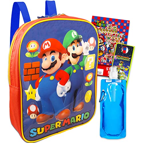 Super Mario Mini Backpack for Boys - Super Mario School Bag Bundle with 11" Mario Mini Backpack Plus Water Pouch, Mario Stickers, More (Mario Preschool Backpack)