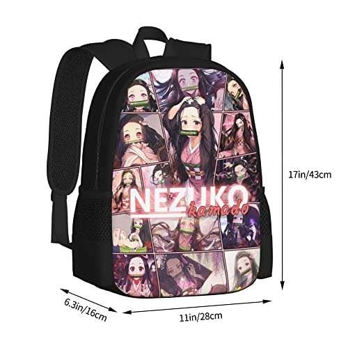 17" Nezuko Backpack Anime Multifunction Bookbag with Side Pockets Durable Laptop Bag for Teen Boys Girls