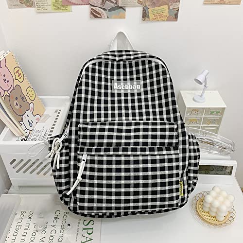 Aesthetic Backpacks for Teen Girls, Sage Green Preppy Plaid School Bag, Large Capacity Casual Daypack Back to School Backpack (Black)