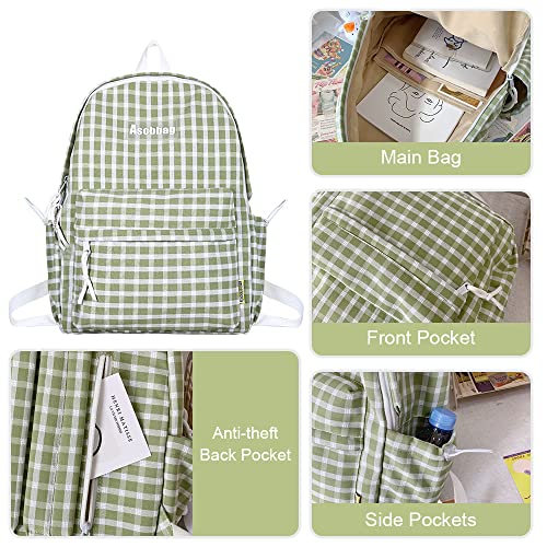 Aesthetic Backpacks for Teen Girls, Sage Green Preppy Plaid School Bag, Large Capacity Casual Daypack Back to School Backpack (Black)