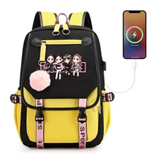 Swico Remado Kpop Backpack Laptop Bag School Bag Bookbag with USB Charging and Headphone Port, Black&Pink (Black Yellow)