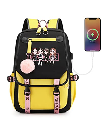 Swico Remado Kpop Backpack Laptop Bag School Bag Bookbag with USB Charging and Headphone Port, Black&Pink (Black Yellow)