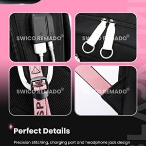 Swico Remado Kpop Backpack Laptop Bag School Bag Bookbag with USB Charging and Headphone Port, Black&Pink (Black Yellow)