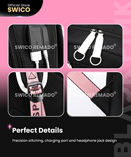 Swico Remado Kpop Backpack Laptop Bag School Bag Bookbag with USB Charging and Headphone Port, Black&Pink (Black Yellow)