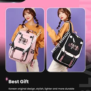 Swico Remado Kpop Backpack Laptop Bag School Bag Bookbag with USB Charging and Headphone Port, Black&Pink (Black Yellow)