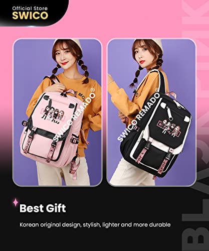 Swico Remado Kpop Backpack Laptop Bag School Bag Bookbag with USB Charging and Headphone Port, Black&Pink (Black Yellow)