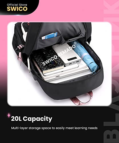 Swico Remado Kpop Backpack Laptop Bag School Bag Bookbag with USB Charging and Headphone Port, Black&Pink (Black Yellow)