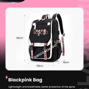 Swico Remado Kpop Backpack Laptop Bag School Bag Bookbag with USB Charging and Headphone Port, Black&Pink (Black Yellow)