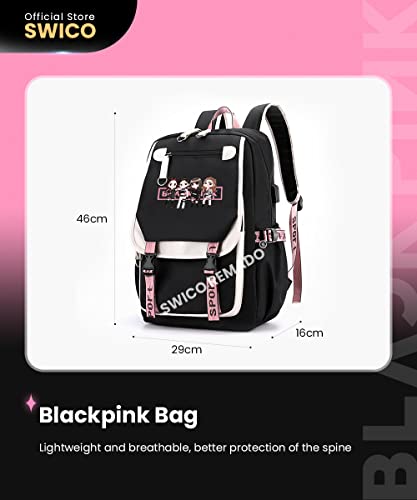 Swico Remado Kpop Backpack Laptop Bag School Bag Bookbag with USB Charging and Headphone Port, Black&Pink (Black Yellow)