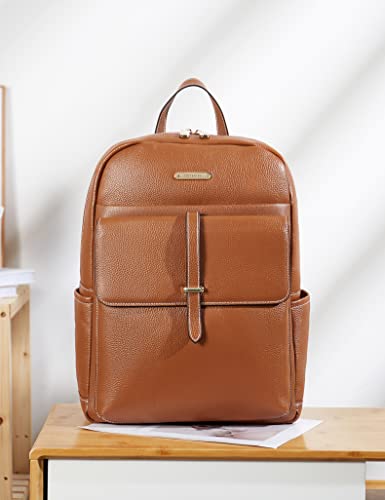 BOSTANTEN Leather Laptop Backpack for Women Large Capacity 15.6 inch Computer Bag Casual College Daypack Travel Bag Brown