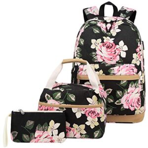 canvas school backpack teens backpack school bag backpack for school book bag set (floral-black)