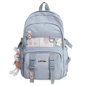 kowvowz kawaii backpack for teen girls aesthetic student bookbags with cute pin and rabbit pendant harajuku school nylon waterproof (blue)