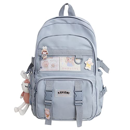 KOWVOWZ Kawaii Backpack for Teen Girls Aesthetic Student Bookbags with Cute pin and rabbit pendant harajuku school nylon waterproof (blue)