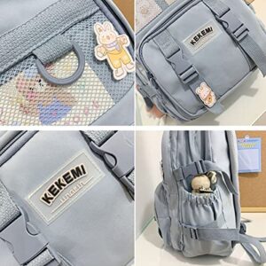 KOWVOWZ Kawaii Backpack for Teen Girls Aesthetic Student Bookbags with Cute pin and rabbit pendant harajuku school nylon waterproof (blue)