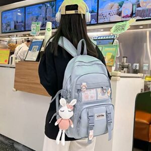 KOWVOWZ Kawaii Backpack for Teen Girls Aesthetic Student Bookbags with Cute pin and rabbit pendant harajuku school nylon waterproof (blue)