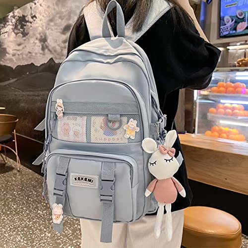 KOWVOWZ Kawaii Backpack for Teen Girls Aesthetic Student Bookbags with Cute pin and rabbit pendant harajuku school nylon waterproof (blue)