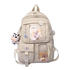 youne kawaii backpack, with kawaii pin and cute accessories backpack cute aesthetic backpack for school capacity rucksack, beige