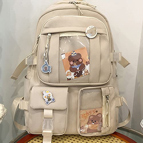 YOUNE Kawaii Backpack, with Kawaii Pin and Cute Accessories Backpack Cute Aesthetic Backpack for School Capacity Rucksack, Beige