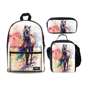 doginthehole middle school backpack school bag for kids girls boys, lightweight travel daypack bookbag art watercolor horse design rucksack lunch box pencil bag, set of 3