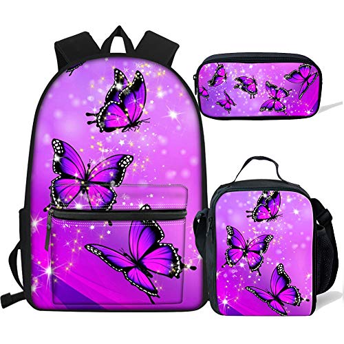 NETILGEN Purple Bling Butterfly 3PCS Backpack Set for Girls Teenage, Include Student Large Capacity School Bookbag + Lunch Shoulder Bag + Pen Case for Kids 3 in 1