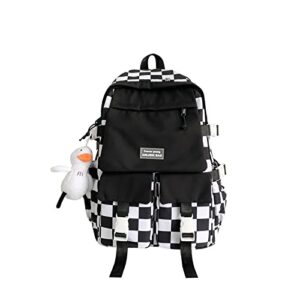 meokim kawaii backpack student schoolbag large-capacity backpack black and white plaid cute girls campus backpack(black)