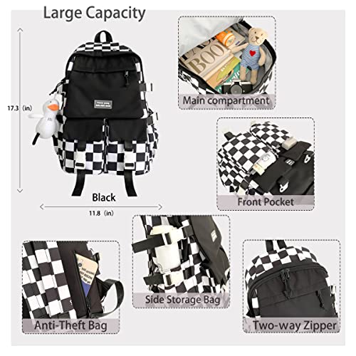 MEOKIM Kawaii backpack student schoolbag large-capacity backpack black and white plaid cute girls campus backpack(Black)