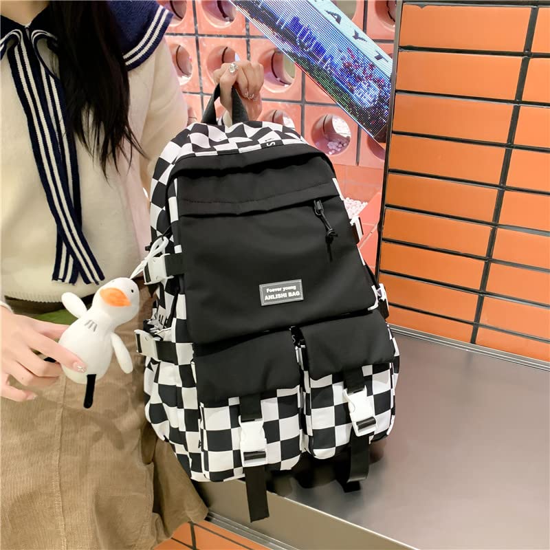 MEOKIM Kawaii backpack student schoolbag large-capacity backpack black and white plaid cute girls campus backpack(Black)