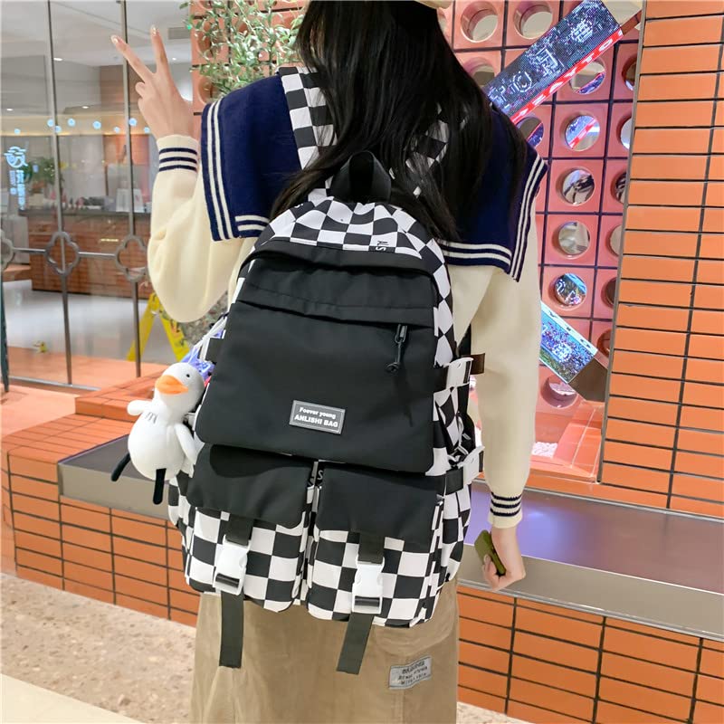 MEOKIM Kawaii backpack student schoolbag large-capacity backpack black and white plaid cute girls campus backpack(Black)