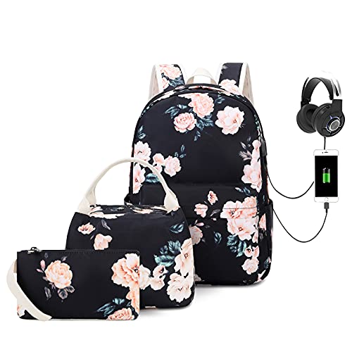 Natayoo Floral School Backpack for Girls Women, Water Resistant Laptop Backpack with USB Charging Port and Headphone Interface, College Bookbag with Lunch Bag and Pencil Bag, Floral-2, Large