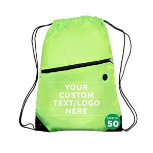 discount promos custom drawstring backpacks with pocket set of 50, personalized bulk pack – water resistant, perfect for gym, camping, beach, outdoor sports – lime green