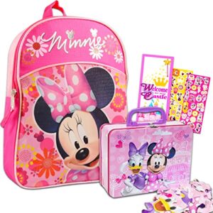disney minnie mouse backpack and lunch box bundle set for preschool toddlers ~ deluxe 11″ minnie mouse mini backpack, minnie lunch tin with 24 pc puzzle, stickers (minnie mouse school supplies)