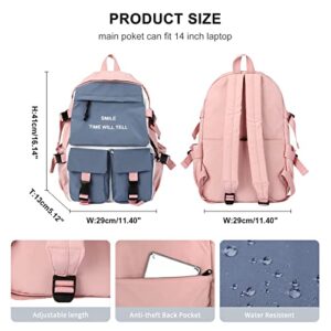 KEYEMP Bookbag for Teen Girls Womens School Backpack Small Lightweight Laptop Backpacks Travel Casual Rucksack Daypacks,15.6 inch Laptop Bag for Student, Multi-Pocket, colorblock Pink