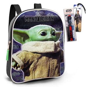 Baby Yoda Backpack for Toddlers, Kids Bundle - Premium 11" Baby Yoda Mini Backpack with Star Wars Pens and Bookmark | Mandalorian School Supplies