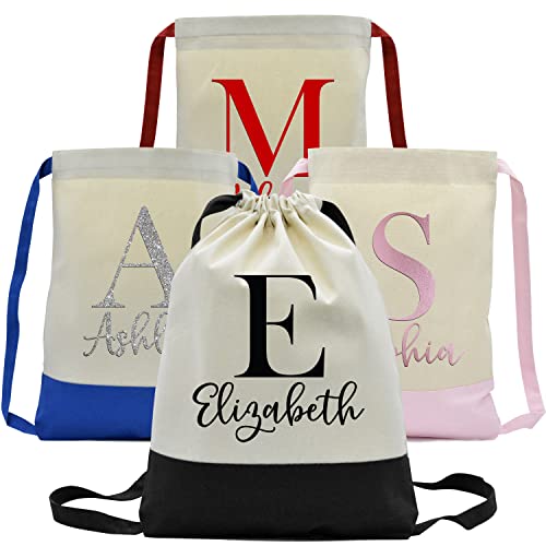 People People Personalized Initial Drawstring Backpack w/Name - Custom Bookbag for Girls & Boys - 18 Vinyl & 6 Bag Colors – Customized Back Beige