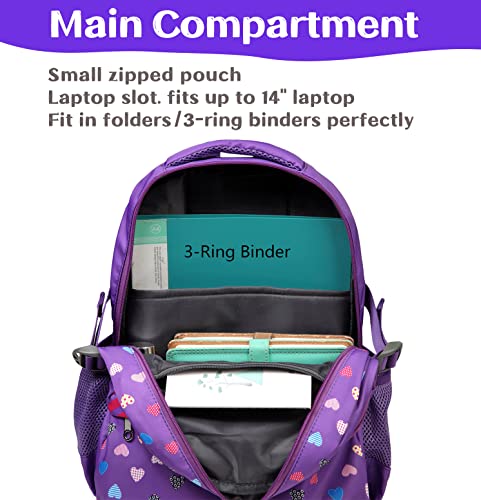 BLUEFAIRY Girls Kindergarten Backpack Set with Lunch Bag Bookbag Kids Preschool Elementary School Bags for Child Teens Lightweight Waterproof Nylon Sturdy Gifts Large Pocket 15 inch(Purple & Blue)