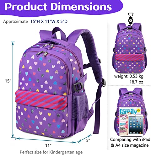 BLUEFAIRY Girls Kindergarten Backpack Set with Lunch Bag Bookbag Kids Preschool Elementary School Bags for Child Teens Lightweight Waterproof Nylon Sturdy Gifts Large Pocket 15 inch(Purple & Blue)