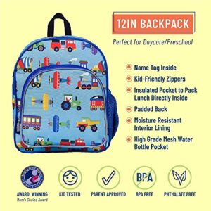 Wildkin 12 Inch Kids Backpack with Modern Nap Mat (Trains, Planes & Trucks)